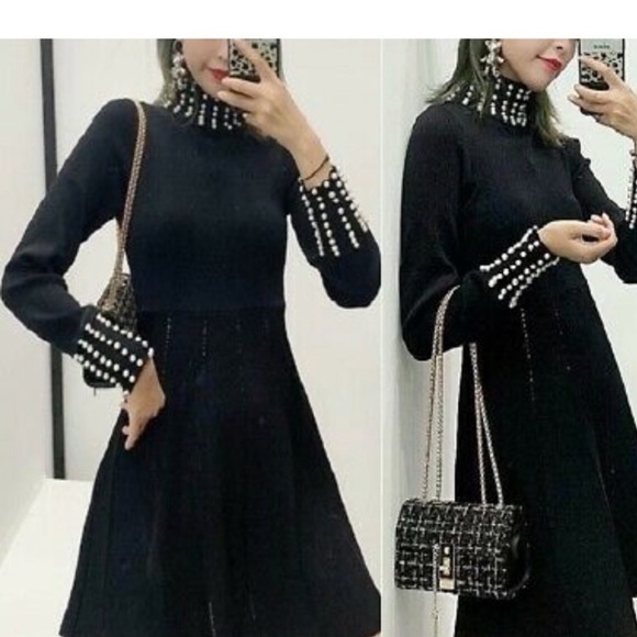 NWT Zara Black Knit Dress With Pearls Women’s Size Medium - Picture 16 of 16